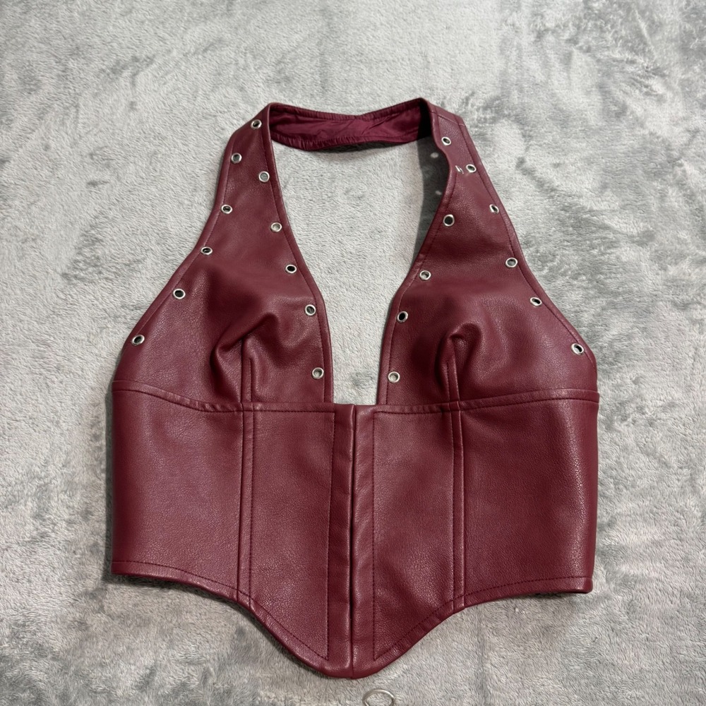 Princess Polly Burgundy Faux Leather Halter Corset Top Grommet Detail US 6